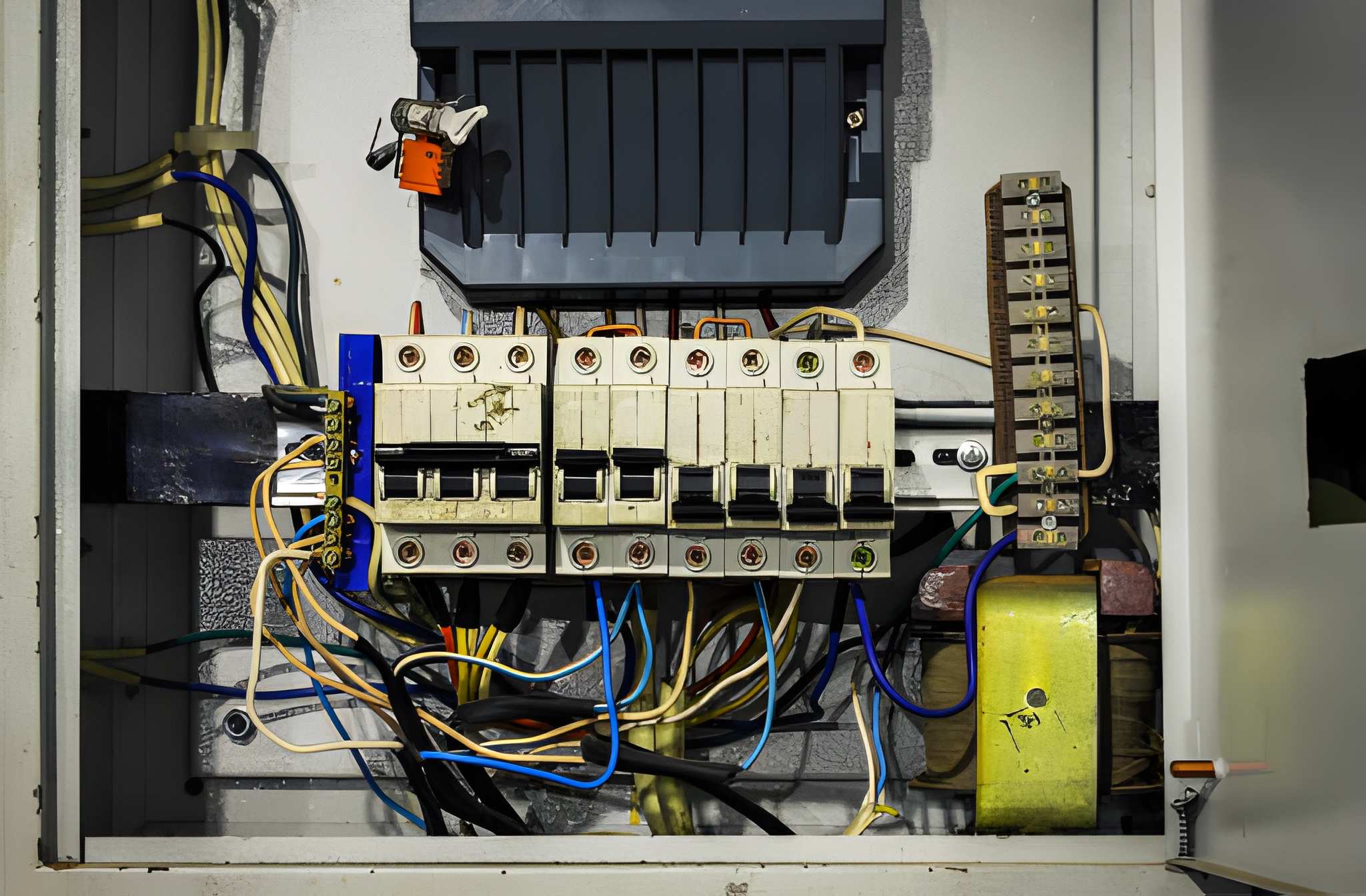 Stara aluminiowa instalacja elektryczna w bloku z wielkiej płyty w Poznaniu przed wymianą.